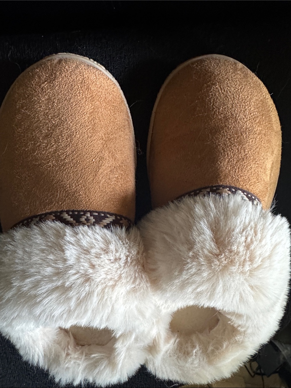 isotoner Women's Tan Faux-Suede Slippers with Cream Fur Cuff